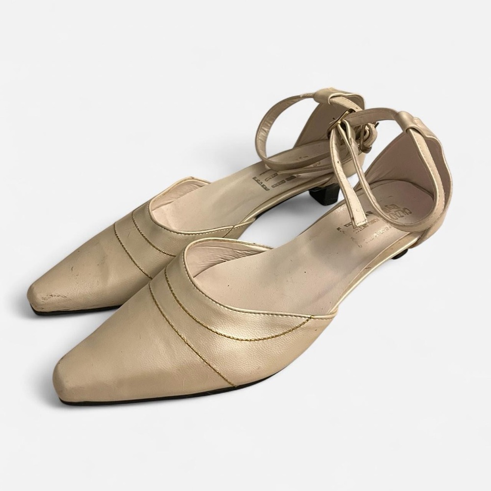 Vintage Cream Leather Kitten Heels with Ankle Straps